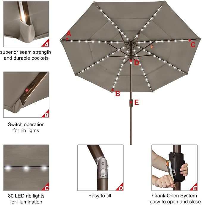 EliteShade USA 10-Year-Non-Fading 9ft 3-Tier Market Patio Umbrella, Commercial Table Umbrella with 80 Solar LED Lights, Crank Open, Windproof & UPF 50+ UV Protection for Garden, Deck, Pool, Backyard, Taupe