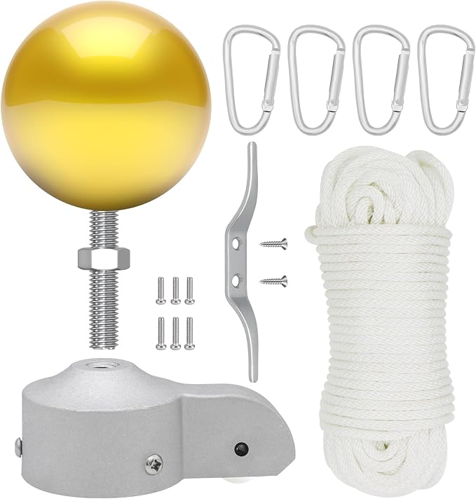 Flag Pole Pulley and Rope kit for 2" to 2.6" Diameter Flag Poles, 50FT Rope, 3.5" Flag Pole Topper, Cast Aluminum Flag Pole Truck, Metal Snap Clips and Cleat (Gold)
