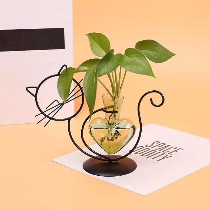 Plant Terrarium Plant Propagation Station Cat Lover Gifts for Women | Plant Lovers Home Office Decor Cat Desk Accessories