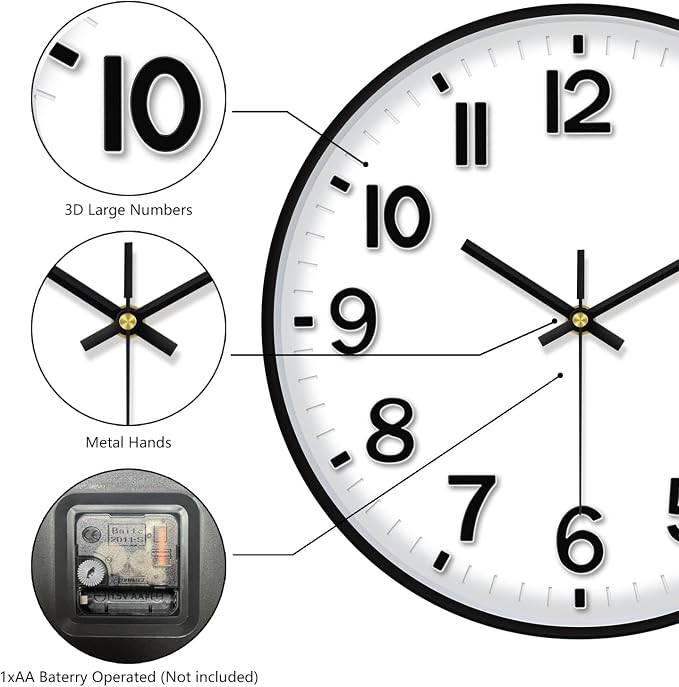 Black Wall Clock, 8 Inch Wall Clocks Battery Operated, Round Modern Non Ticking Silent Digital Analog Small Wall Clock for Bedroom Living Room Kitchen Office Gym Classroom Outdoor Clocks