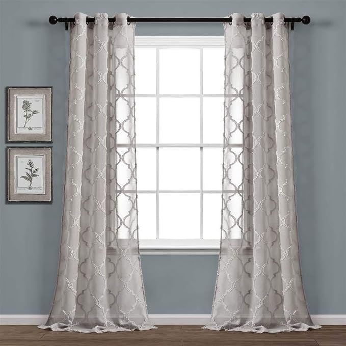 Lush Decor Gray Avon Trellis Grommet Sheer Window Curtain Panel Pair (84" x 38")