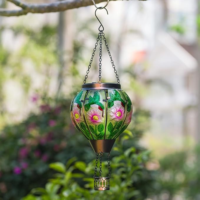 STARSOUL Hummingbird Solar Hot Air Balloon Lantern with Flickering Flame, Hanging Solar Lantern Outdoor Waterproof, Hot Air Balloon Solar Light Decorations for Garden Yard Lawn Porch Porch Backyard