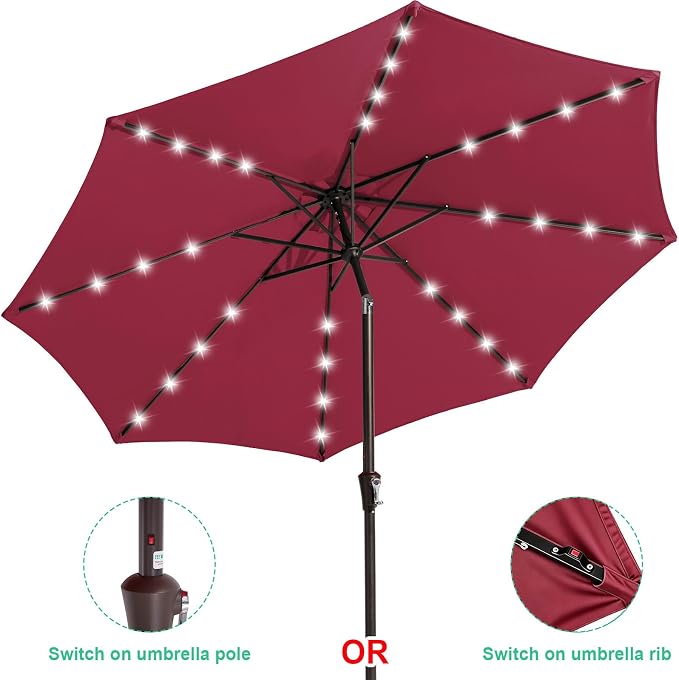 JEAREY 9FT Outdoor Patio Umbrella with Solar Lights, LED Lighted Pool Umbrella with Tilt and Crank, Outdoor Table Umbrellas for Deck, Yard & Market (Burgandy)