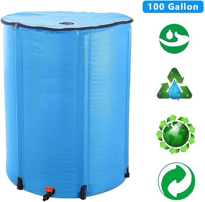 100 Gallon Collapsible Rain Barrel, Rain Water Collection Barrel System Kit, Collapsible Water Tank with Spigot and Overflow Kit, Portable Rain Water Catcher for Garden, Blue