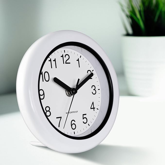 Caysie 6.5 Inch Sealed Small Indoor Outdoor Clock Waterproof, Hanging or Standing Silent Battery Operated Wall Clocks for Pool Patio Bathroom Shower (White)
