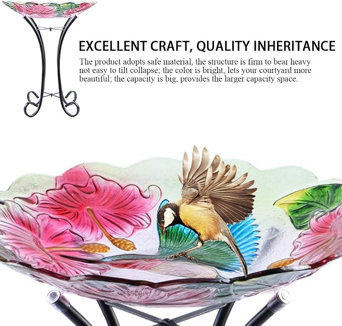 MUMTOP Outdoor Glass Birdbath with Metal Stand for Lawn Yard Garden Hummingbird Decor,18” Dia 21.65” Height