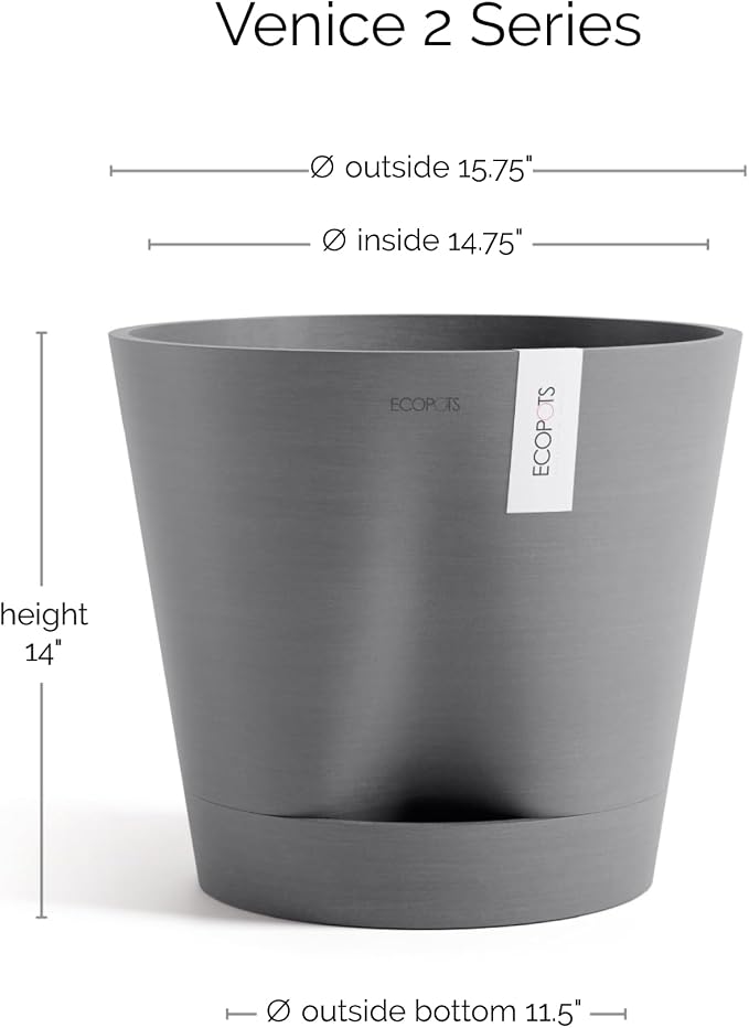 Ecopots Venice 2 Durable Modern Round Indoor/Outdoor Recycled-Based Composite Flower Pot Planter w/Water Reservoir, Grey, 16"