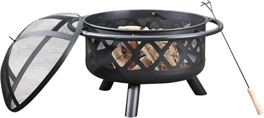 Teamson Home Round Steel Outdoor Fire Pit Outside Wood Burning Firepit Bonfire with Firebowl, Poker, Mesh Screen for Patio Garden Backyard BBQ, 30 Inch, Black | Wood Burning, Includes Firebowl, Poker, Mesh Screen, For Patio Garden Backyard BBQ