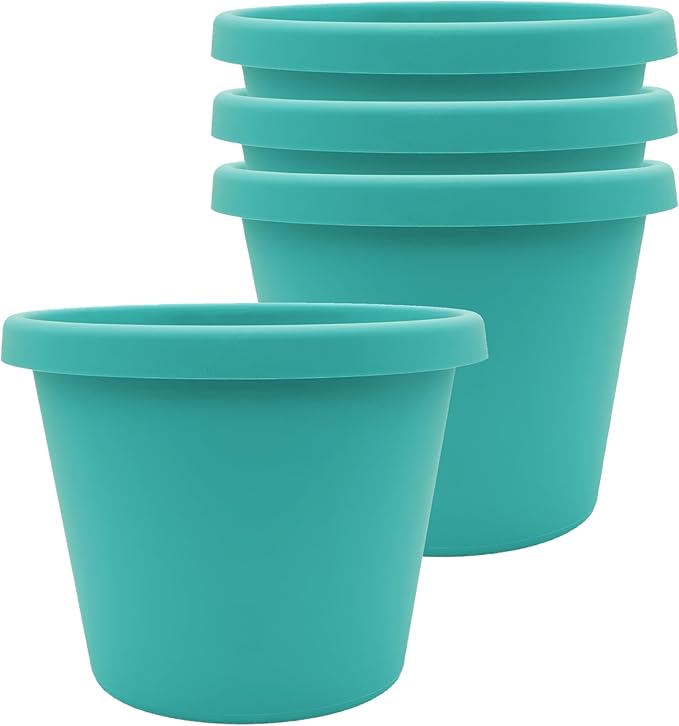 The HC Companies 6 Inch Prima Round Planter Pots with Drainage Holes and Rolled Rim, Lightweight UV-Resistant Plastic Indoor & Outdoor Planters, 4-Pack Flower Pots for Garden & Home Decor, Dusty Teal