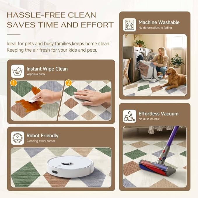 6x9 Washable Area Rug Living Room Large Non Slip Checkered Rugs | Soft, Low Pile, Easy Clean, Colorful, Diamond Pattern for Bedroom, Office, Dining Room, Kids Room, Modern Neutral Decor