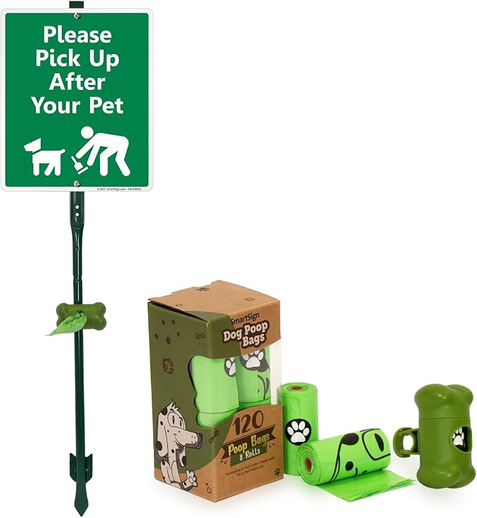 SmartSign Please Pick Up After Your Pet Yard Sign (Green/White), Clip-On Preloaded Dispenser Combo/Kit with 135 Dog Poop Waste Bags, 10"x12" Rust-proof Aluminum Sign with 3ft Steel Stake