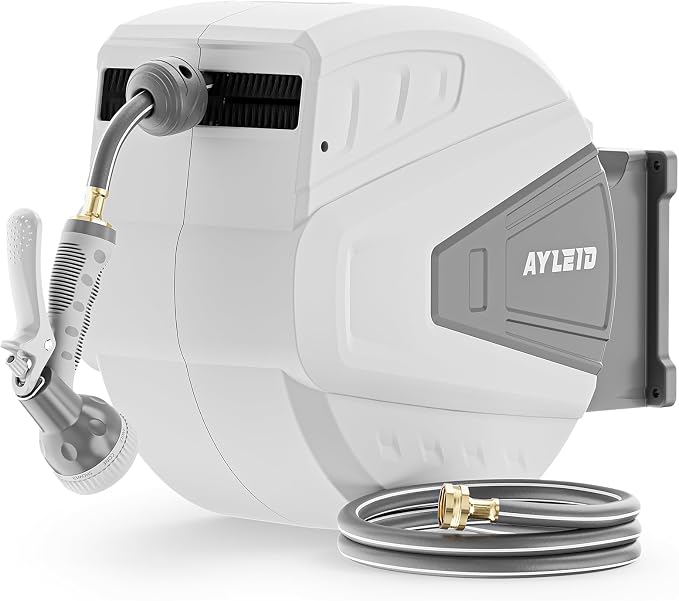 Ayleid Retractable Garden Hose Reel,1/2 in x 130 ft Wall Mounted Hose Reel, with 9- Function Sprayer Nozzle, Any Length Lock/Slow Return System/Wall Mounted/180°Swivel Bracket (Gray)