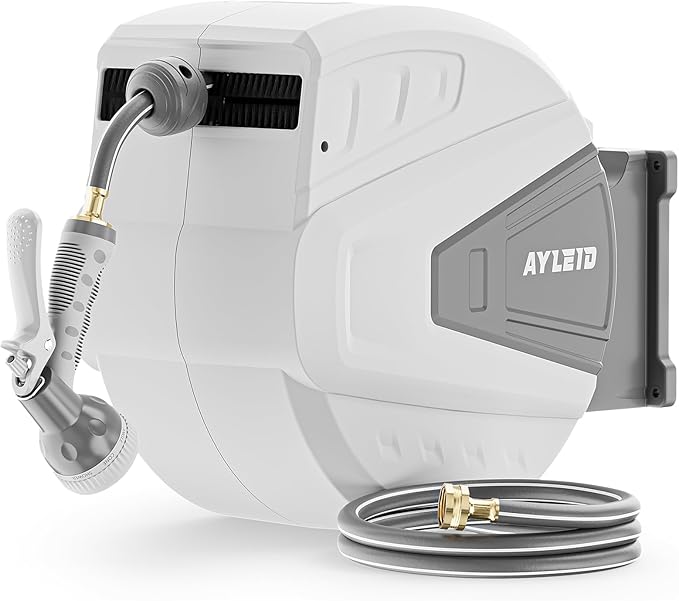 Ayleid Retractable Garden Hose Reel,5/8 in x 100 FT Wall Mounted Hose Reel, with 9- Function Sprayer Nozzle, Any Length Lock/Slow Return System/Wall Mounted/180°Swivel Bracket (Gray)