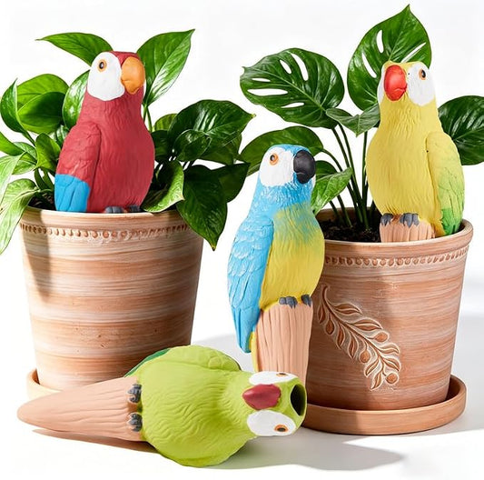 Yeswhat Self Watering Plant Spikes 4 Pack, Terracotta Parrot Automatic Plant Waterer for Indoor Outdoor Plants, Slow Release Watering Stakes, Vacation Plant Watering Devices for Potted Plants Garden