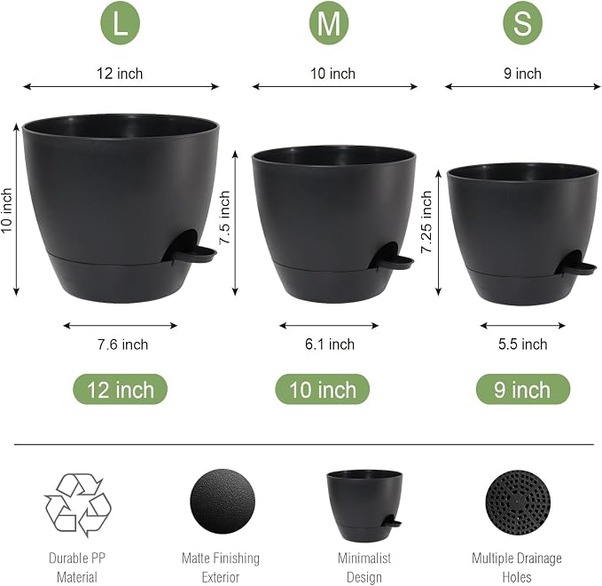 UOUZ Large Self Watering Pots, 12/10/9 Plastic Planters with High Drainage Holes and Deep Reservoir for Indoor Outdoor Garden Plants and Flowers, Black