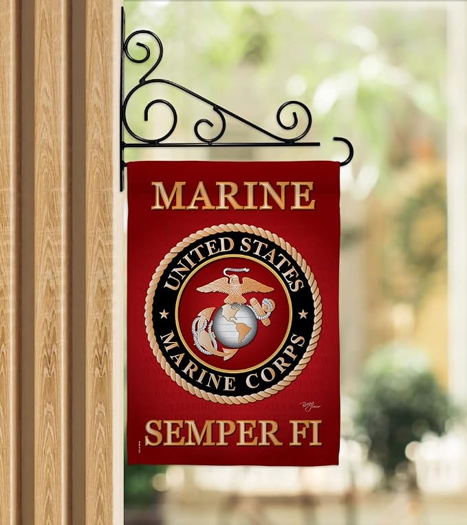 Marine Corps Garden Flag - Set Wall Holder Armed Forces USMC Semper Fi United State American Military Veteran Retire Official - House Banner Small Yard Gift Double-Sided Made in USA 13 X 18.5