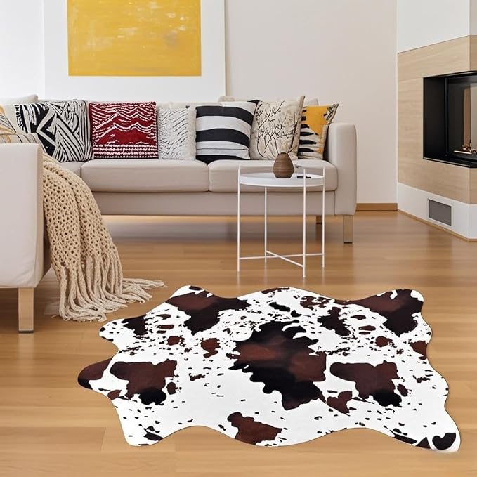 Sgizoku Cow Print Rug,4.6x5.2 Feet Faux Cowhide Rug Cute Area Rug Fun Western Room Decor Cow Rugs for Living Room Bedroom Non-Slip, Brown(62 inches x 55 inches)