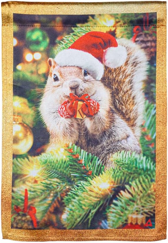 Evergreen Flag Santa Squirrel Lustre Garden Flag | Christmas Garden Flag for Outside 12x18 Double Sided | Weather and Fade Resistant | Outdoor Flag For Yards and Gardens