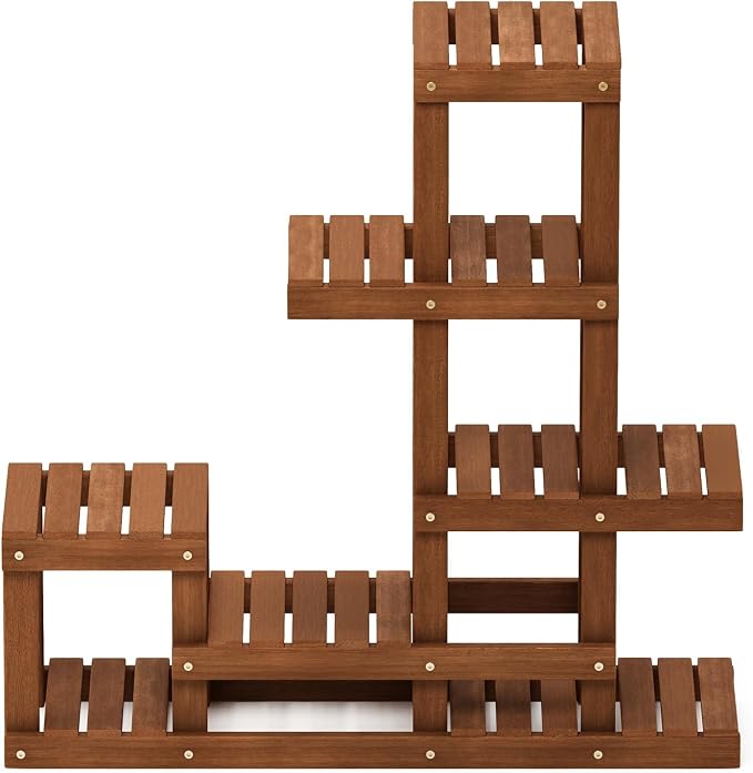 Furinno TIOMAN Plant Stand Outdoor, Multiple Tier Plant Shelf, Tiered Plant Stand Indoor, Outdoor, Patio, Garden, Balcony, Light Wood