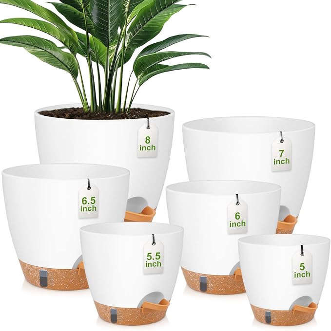 QRRICA Plant Pots 8/7/6.5/6/5.5/5 Inch Self Watering Pots, with Drainage Holes and Saucers,Water Level Indicator & Deep Reservoir,Large Plastic Planter for Indoor Out Door Plants (White)