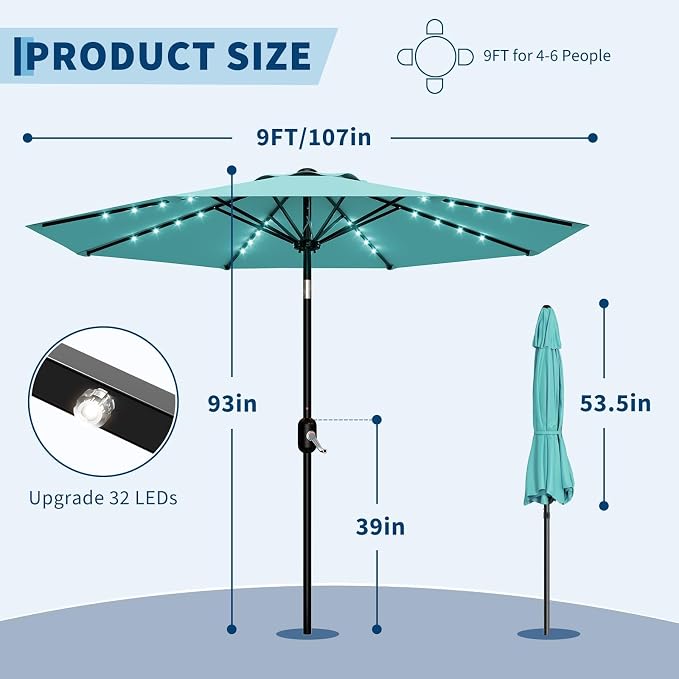 GarveeLife Patio Umbrella with Solar Lights, Outdoor Table Umbrella with 8 Durable Ribs, Tilt & Crank Mechanism, Water & UV Protection Sun Shade Umbrella for Garden, Poolside, Backyard (Yellow, 9 FT)