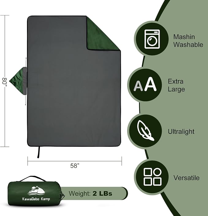 Large Waterproof Outdoor Picnic Blanket 80"x 58" | Windproof Lightweight Stadium Blanket, Packable, Stay Dry and Comfortable for Camping, Sports, Travel - Green Hooded