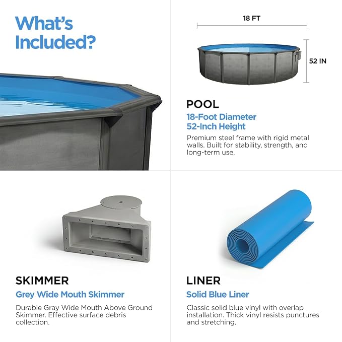 AquaDoc Coventry Round Steel Wall Above Ground Pool Kit 18' x 52" | Classic Package in Pewter Gray Finish with Wide Mouth Skimmer and Solid Blue Overlap Liner, Made in North America