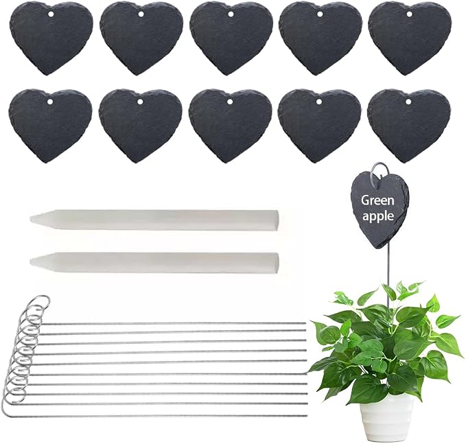 Slate Plant Labels Garden Markers Signs Labels with Stainless Steel Stake & Marker Pen Waterproof Slate Plant Labels for Flowers, Herbs, Potted Plants, Seed (Heart, 10PCS)