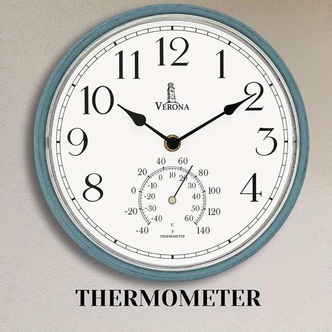 Outdoor Clocks for Patio Waterproof with Thermometer — Teal 9.5 Inch Indoor Outdoor Wall Clock with Temperature Display — Weatherproof, Accurate & Easy to Read for Pool, Garden & Home Decor