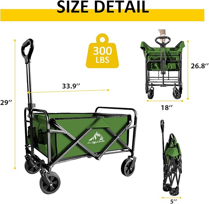 Collapsible Wagon with Quiet Wheels - Silent Grocery Shopping Cart for Seniors, Foldable Utility Cart for Laundry & Apartment, Washable Heavy Duty Rolling Wagon with Two Mesh Pockets, Green