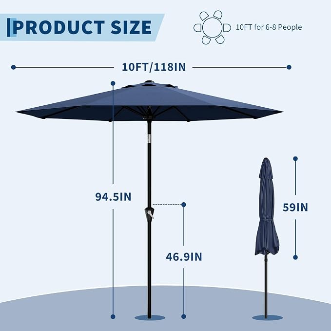 Garvee 10FT Patio Umbrella - Outdoor Table Umbrella with Smooth Crank Lift, Push Button Tilt and 8 Sturdy Ribs - Market Umbrella UV Protection Waterproof for Pool, Deck, Yard, Garden