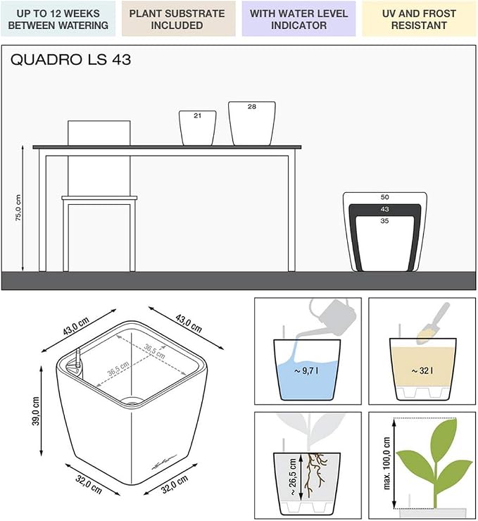 Lechuza Quadro LS 43 Charcoal Metallic, Self-Watering Square Planter, H15.4 L16.9 W16.9 in