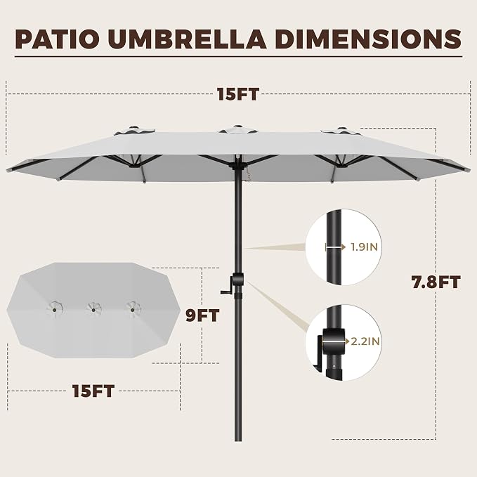 GDPFN 15FT Large Patio Umbrella, Outdoor Deck Standing Umbrella with Crank Handle, Double-Side Rectangular Pool Umbrella for Outside, Market, Patio, Light Gray (Base Not Include)