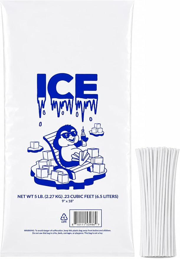 Ice Bag 5 lb 9" x 18" 500 Count | Twist Ties Included | Heavy Duty Storage Bags | Retail Sales, Parties, Camping & Food Cooling | LDPE Plastic Bags | Bits N Things