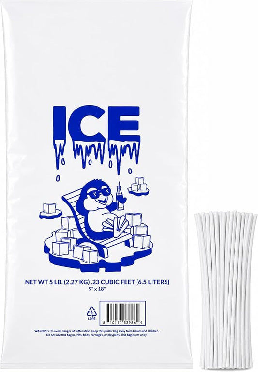 Ice Bag 5 lb 9" x 18" 500 Count | Twist Ties Included | Heavy Duty Storage Bags | Retail Sales, Parties, Camping & Food Cooling | LDPE Plastic Bags | Bits N Things