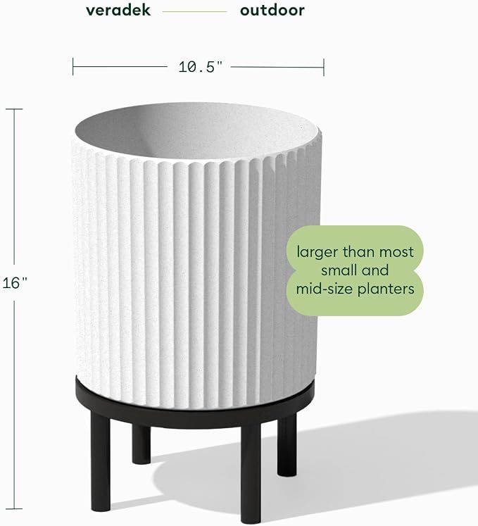 Veradek Demi Series Round Planter w/ Stand for Porch/Patio | Durable Plastic-Concrete & Wooden Stand | Modern Décor for Tall Plants, Flowers