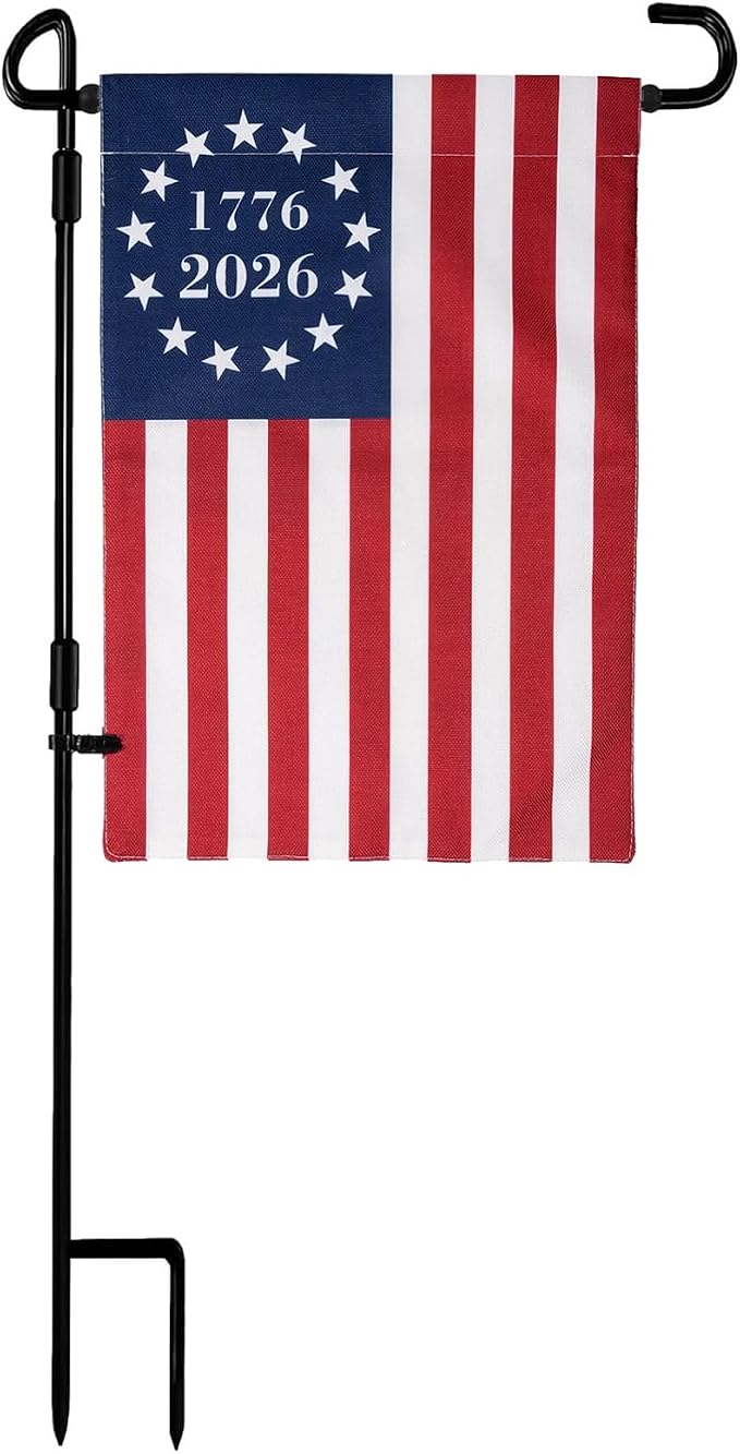 TOPFLAGS Garden Flag Stand with 1776-2026 Betsy Ross Flag Garden Flags 12 x 18 Inch Metal 13 Star Colonial American Bennington Yard Flag Holder Pole Stake Small Flag Stands with Clips and Stopper