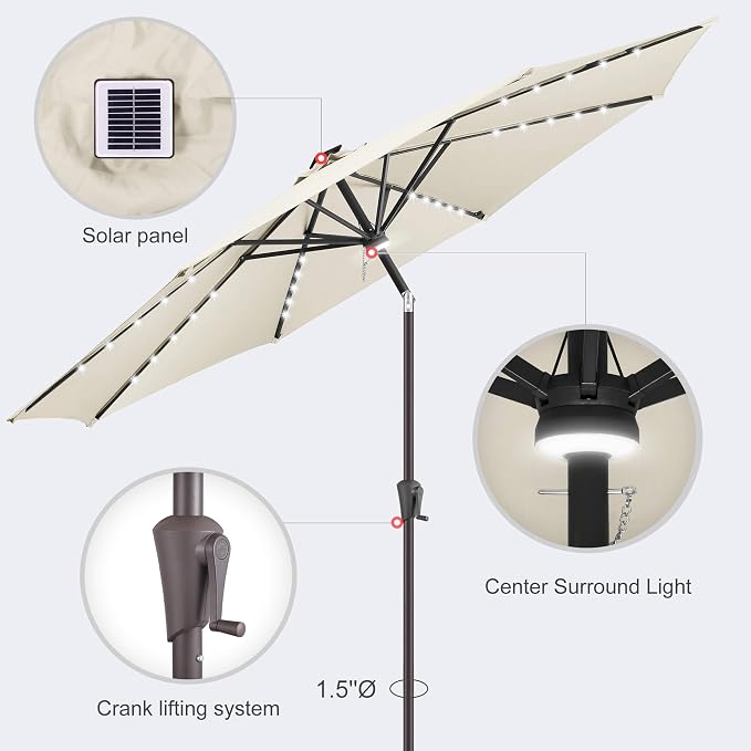 10FT Solar Umbrella Outdoor - Lighted Solar Patio Umbrella with 40 LED Lights Waterproof UV Protection, Table Umbrella with Tilt for Pool, Porch, Garden, Deck, Backyard (Ivory)
