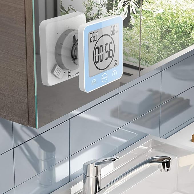 Digital Bathroom Shower Wall Clock Timer, LCD Digital Wall Clock with Suction Waterproof Temperature Humidity Gauge, Touch Screen Timer, Large Countdown Visual Timer Hanging Wall Clock