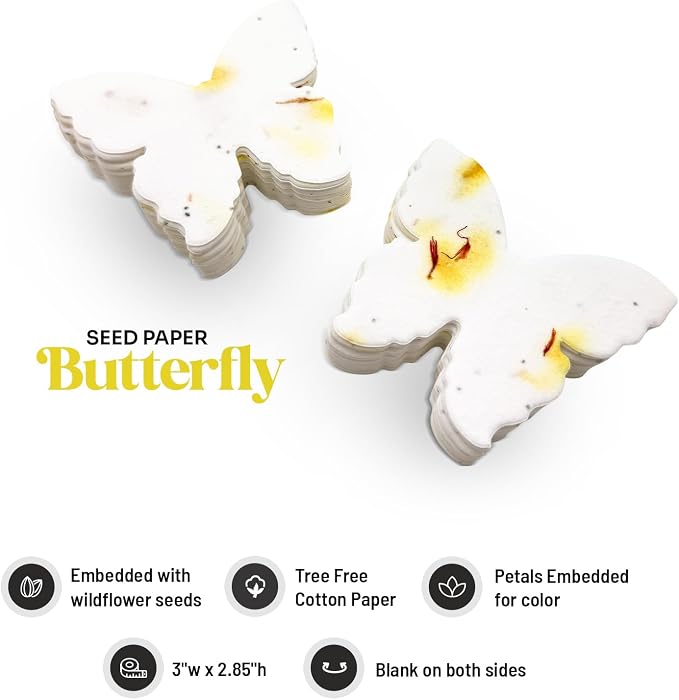 50pcs Large (2.85" h x 3" w) Yellow Butterfly Seed Paper – Writable & Plantable Wildflower, Mom's Gift for Birthday, Use for Wedding, Baby Shower, & Party Favors