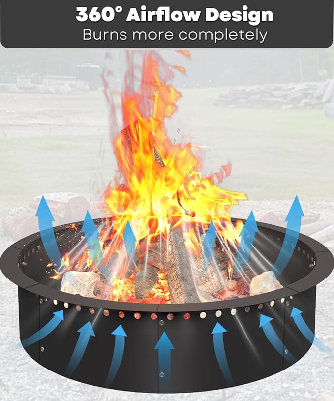 31 Inch Smokeless Fire Pit Ring Insert Outdoor, Heavy Duty Metal Steel DIY Firepit Rim Liner Round Campfire Rings for Outside Wood Burning Above or In-Ground, Black