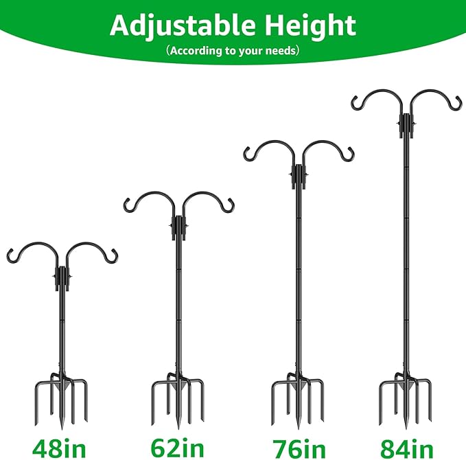 GOFORWILD Double Shepherds Hook for Outdoor, with 5-Prong Base, 84inch Adjustable Metal Bird Feeder Pole for Hanging Bird Nest, Plant Basket,Lantern,Solar Light 2 Pack