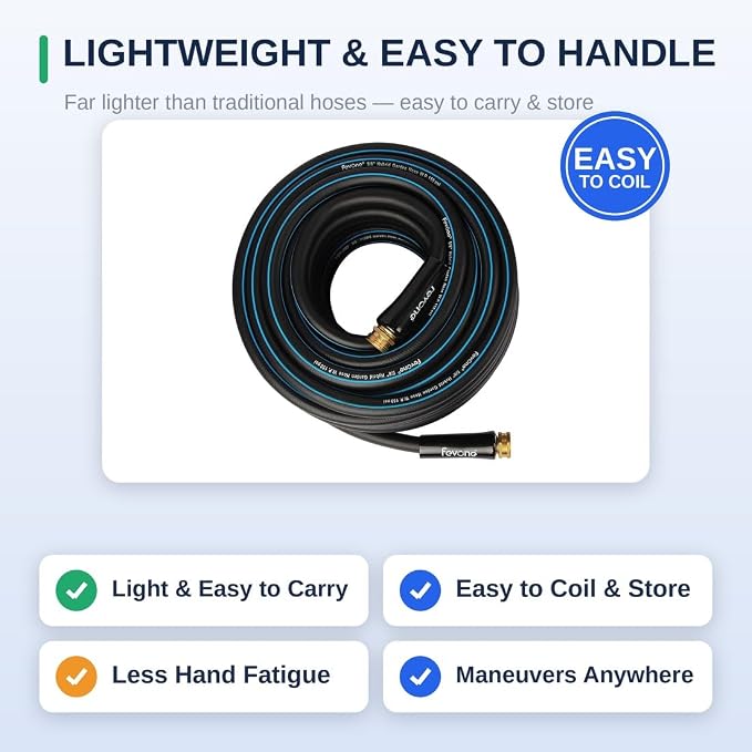 FEVONE Kink Free Garden Hose 25 ft, Heavy Duty Water Hose | Flexible Lightweight, Hybrid Polymer, 5/8 ID, 600 PSI, Leak-Proof, Solid Brass 3/4 GHT Connectors