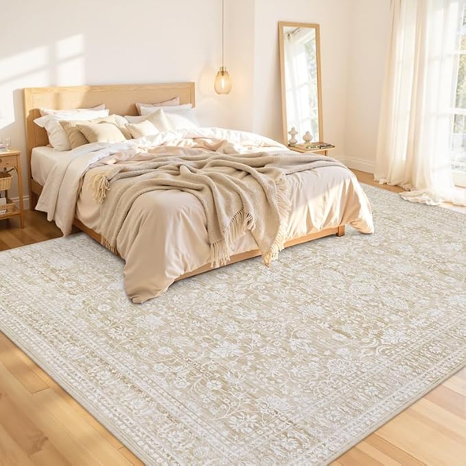 10x14 Area Rugs Living Room: Bedroom Washable Carpet Natural Beige | Large Vintage Boho Indoor Decor Carpets Soft Nursery Farmhouse Dining Room Office Floor Non-Slip Low Pile Under Table Rug