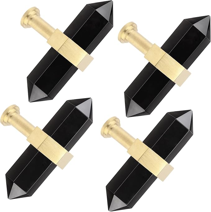 mookaitedecor Set of 2 Black Obsidian Double Crystal Points Drawer Knobs with Screws, Decorative Stone Cabinet Handle Pulls for Dresser Cupboard Kitchen Decor, Brushed Brass