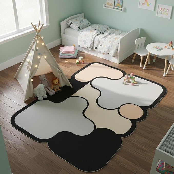 Unique Contemporary Geometric Design Irregular Shape Faux Wool Area Rugs for Living Room Dining Room Office Dorm Decor Black Beige Taupe Funny Mats Easy Clean Thin Quick Dry Durable Carpets 9x12