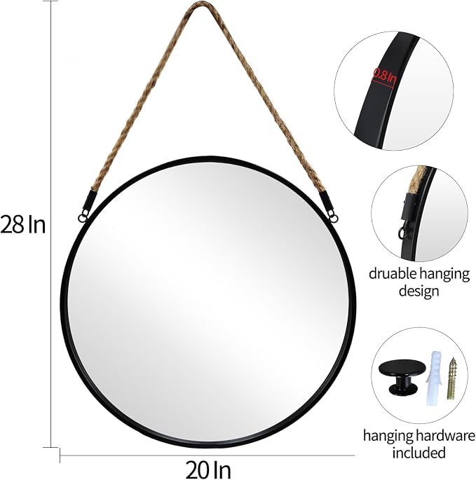 POZINO 20" Round Mirror with Black Metal Frame, Hanging Mirror for Wall | Circle HD Mirror with Jute Rope, Anti-Rust, Farmhouse Decorative Wall Mirror for Entryway, Living Room, Fireplace, Bathroom