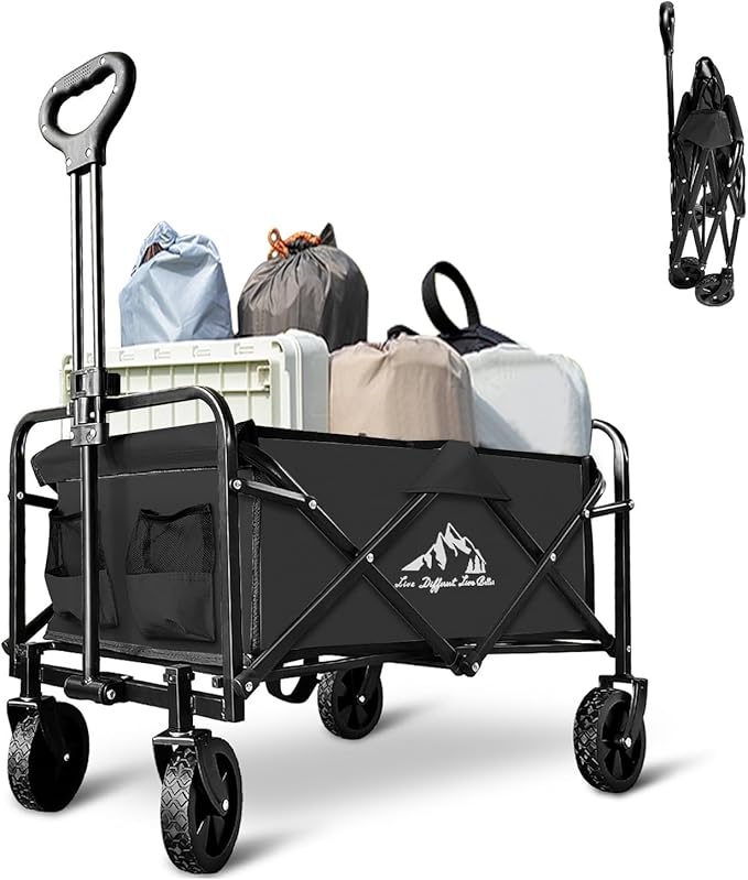 Collapsible Utility Cart Folding Wagon, 320lbs Capacity Lightweight Rolling Cart with Quiet Wheels, Quick-Fold Design for Camping, Shopping, Ourdoor Use, Black