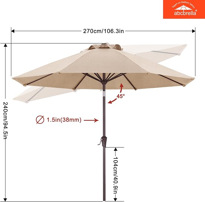 ABCCANOPY OLEFIN® 5-Year No Fading 9FT Patio Umbrella, Outdoor Table Umbrella with 8 Sturdy Ribs for Deck, Backyard, Yard (Light Beige)