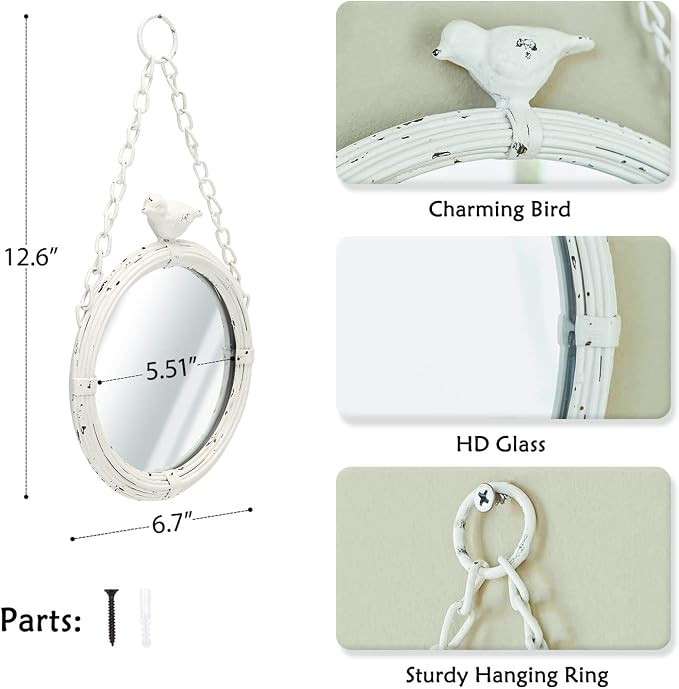 NIKKY HOME 6.7 Inch Decorative Small Hanging Mirrors Vintage Rustic Round Metal Framed Wall Mounted Mirror Decor with Bird for Bathroom Living Room Office, Rustic White